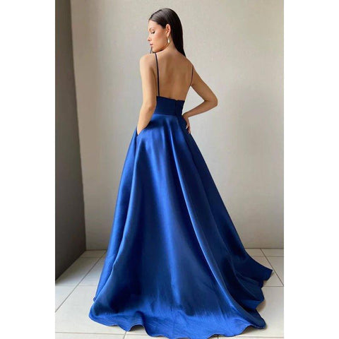 Vestido de fiesta de satén con escote en V, sin mangas y cremallera