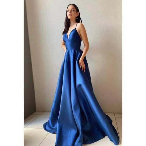 Vestido de fiesta de satén con escote en V, sin mangas y cremallera