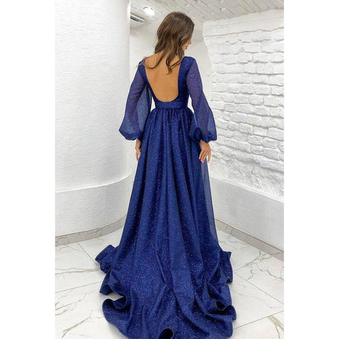 Vestido de fiesta de manga larga con escote en V y cinturón de lentejuelas