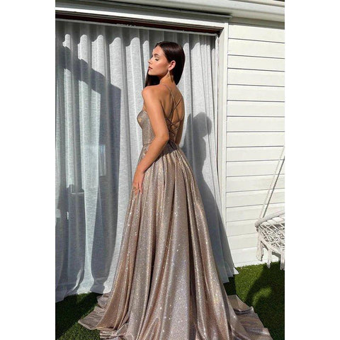 Vestido de fiesta sin mangas con escote en V, lentejuelas, abertura y cordones