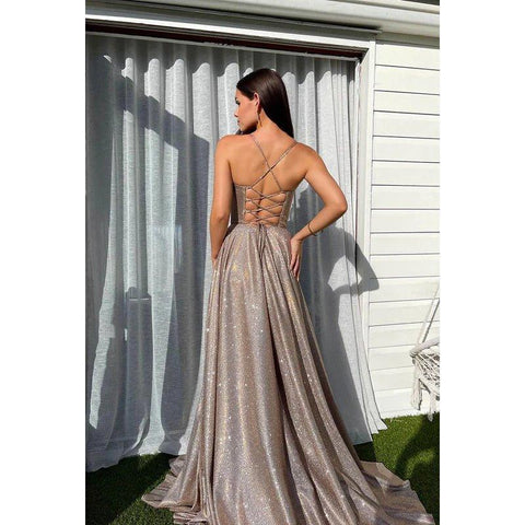 Vestido de fiesta sin mangas con escote en V, lentejuelas, abertura y cordones