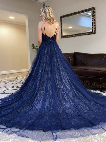Robes de bal longues en tulle bleu marine foncé, col en V, sequins et dos nu, coupe trapèze