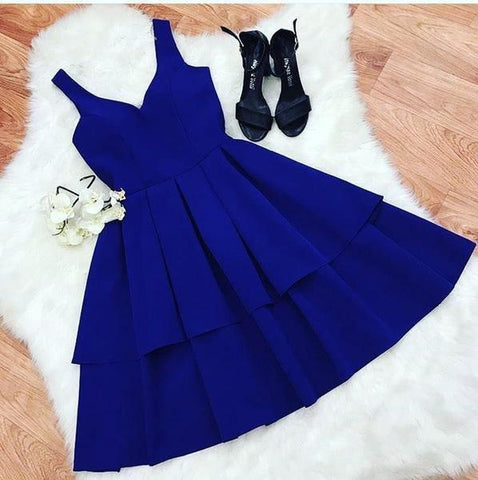Vestidos de fiesta cortos azul marino con escote en V y corte en A, modelo PD348