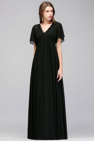 A-line V-neck Short Sleeves Long Black Chiffon Bridesmaid Dress