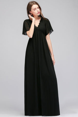 A-line V-neck Short Sleeves Long Black Chiffon Bridesmaid Dress