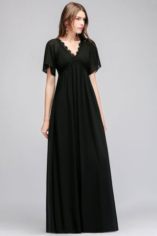 A-line V-neck Short Sleeves Long Black Chiffon Bridesmaid Dress