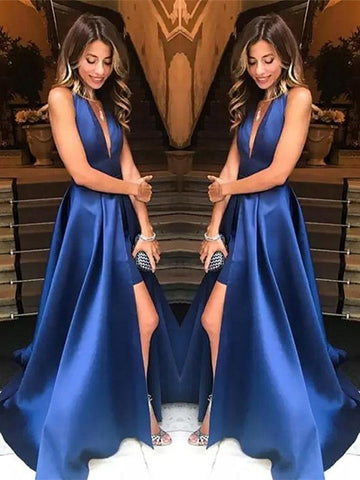 Vestidos de graduación de satén sin mangas con escote en V y volantes, corte en A.