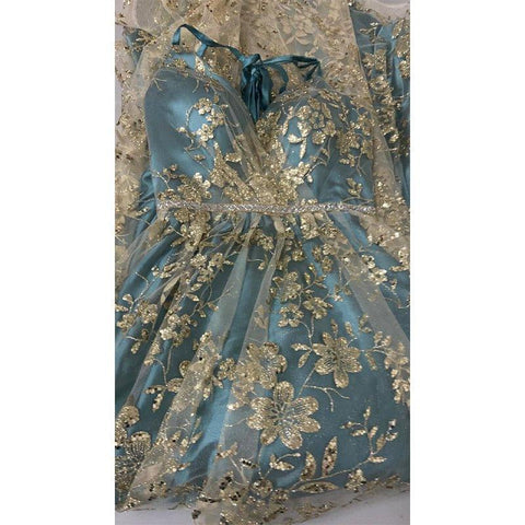 A-line V-neck Spaghetti Sequins Tulle Long Prom Dress with Slit