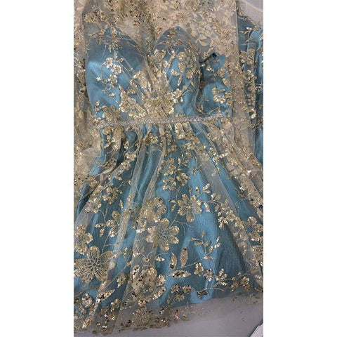 A-line V-neck Spaghetti Sequins Tulle Long Prom Dress with Slit