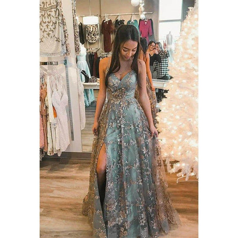 A-line V-neck Spaghetti Sequins Tulle Long Prom Dress with Slit