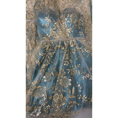 A-line V-neck Spaghetti Sequins Tulle Long Prom Dress with Slit