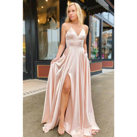 Robe de bal longue trapèze à col en V et bretelles spaghetti avec fente haute et poches 