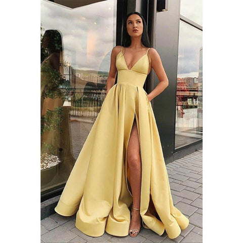 Vestido de fiesta largo con escote en V, tirantes finos, abertura alta y bolsillos