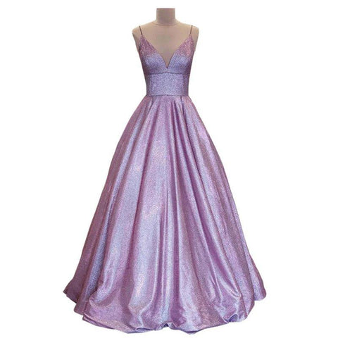 Vestido de fiesta largo con escote en V, tirantes finos y brillo, con bolsillos 