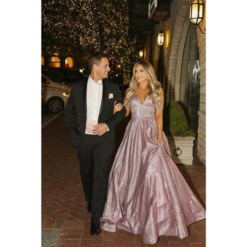 A-line V-neck Spaghetti Straps Sparkle Prom Dress with Pockets