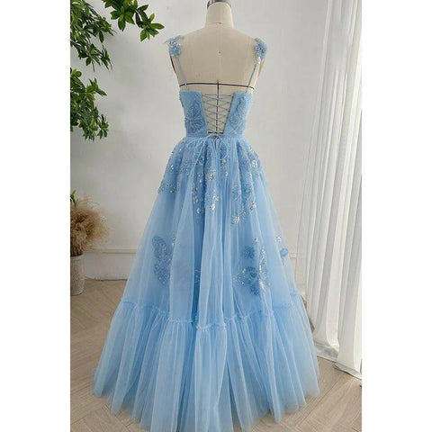 A-Line V-Neck Straps Appilique Tulle Formal Party Prom Dress