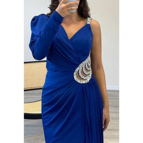 A-line V-neck Straps Beaded Long Sleeves Satin Long Prom Dress Evening Gown