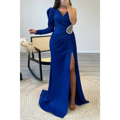 A-line V-neck Straps Beaded Long Sleeves Satin Long Prom Dress Evening Gown