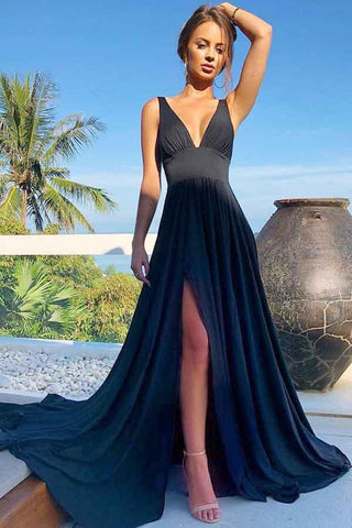 A-Line V-Neck Sweep Train Straw Spandex Prom Party Dress with Split PG658