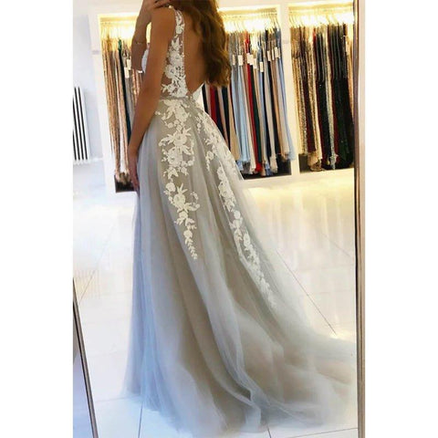 Vestido de noche formal largo con escote en V y apliques de tul en forma de A para fiesta de graduación 