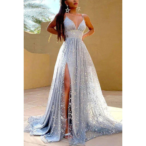 Vestido formal de noche de graduación con escote en V, tul, cuentas y sin mangas