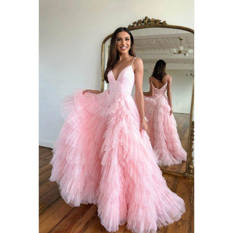 A Line V Neck Tulle Ruffles Pink Homecoming Dress Long Homecoming Court Dress