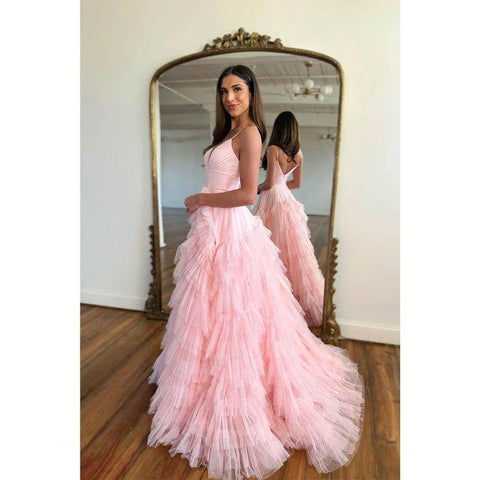 A Line V Neck Tulle Ruffles Pink Homecoming Dress Long Homecoming Court Dress