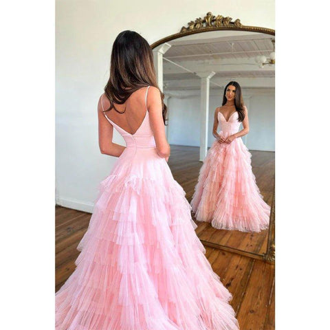 A Line V Neck Tulle Ruffles Pink Homecoming Dress Long Homecoming Court Dress