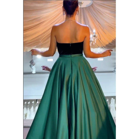 Vestido de fiesta largo de satén verde sin tirantes de terciopelo con corte A y vestidos de noche 