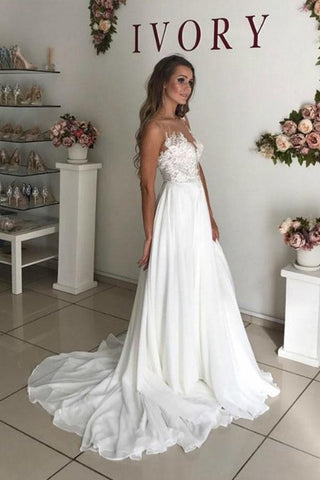 A-Line White Chiffon Appliques See Through Boho Wedding Dress WD344