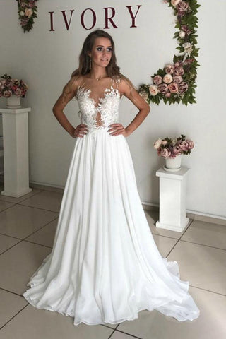 A-Line White Chiffon Appliques See Through Boho Wedding Dress WD344