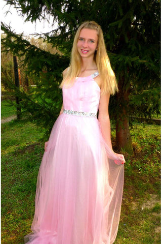 Vestido de graduación largo hasta el suelo, corte en A, tirantes anchos, tul trenzado con pedrería