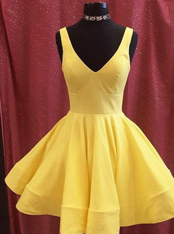 Robe de bal courte jaune en satin, coupe trapèze, robe de soirée courte