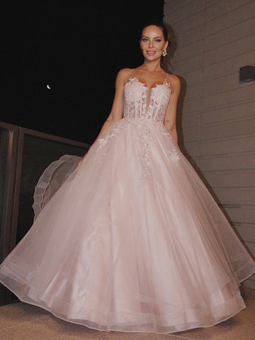 Vestidos de graduación de corte A/elegantes con apliques, tirantes finos, sin mangas, de tul y hasta el suelo