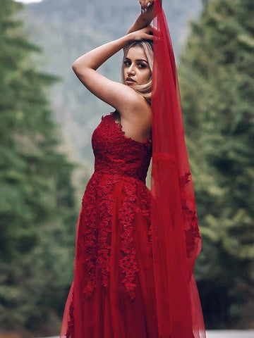 Vestidos de graduación de corte A/elegantes con apliques de tul, sin mangas, escote en V y largo hasta el suelo