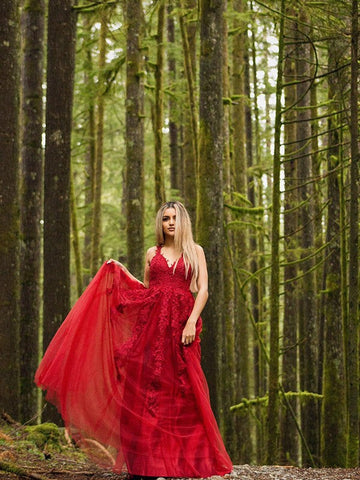 Vestidos de graduación de corte A/elegantes con apliques de tul, sin mangas, escote en V y largo hasta el suelo