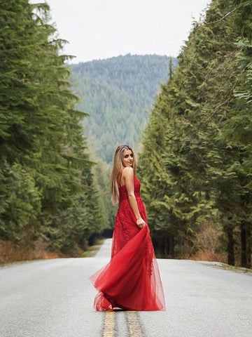 Vestidos de graduación de corte A/elegantes con apliques de tul, sin mangas, escote en V y largo hasta el suelo