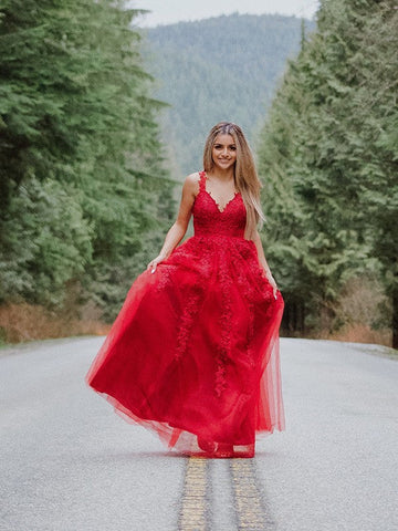 Vestidos de graduación de corte A/elegantes con apliques de tul, sin mangas, escote en V y largo hasta el suelo