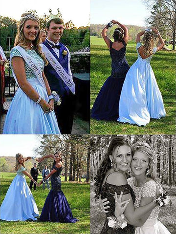 Vestidos de graduación de satén con mangas cortas, corte en A/elegante estilo barco y bordados de cuentas