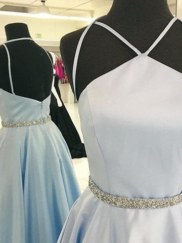 Vestidos de graduación de satén sin mangas, corte línea A/elegante, con cuello halter y largo hasta el suelo