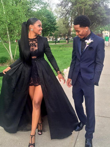 Vestidos de graduación de satén con encaje joya, corte en A y mangas largas elegantes