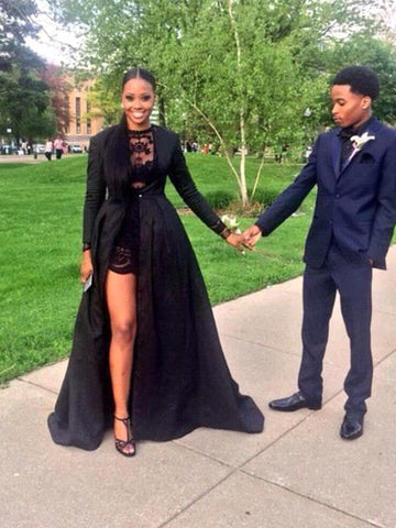 Vestidos de graduación de satén con encaje joya, corte en A y mangas largas elegantes