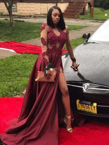 Vestidos de fiesta de satén con apliques, corte en A, manga larga y elegantes, escote en V y mangas largas.