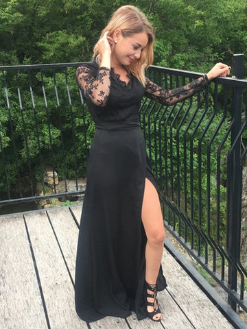 Vestidos de graduación de corte A/elegantes, de manga larga, escote en V, hasta el suelo, con apliques de gasa y encaje.