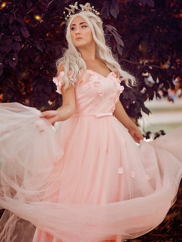 A-Line/Elegant Off-the-Shoulder Applique Tulle Sleeveless Floor-Length Prom Dresses