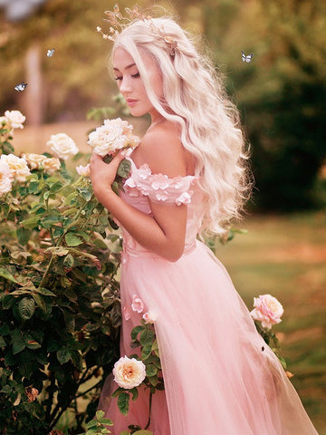 A-Line/Elegant Off-the-Shoulder Applique Tulle Sleeveless Floor-Length Prom Dresses