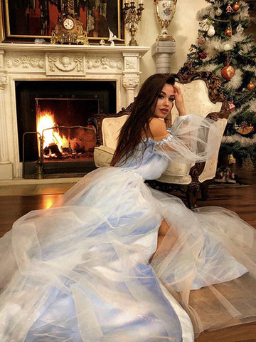 A-Line/Elegant Off-the-Shoulder Beading Long Sleeves Floor-Length Tulle Prom Dresses