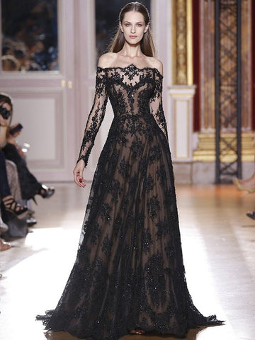 Vestidos de graduación de encaje de manga larga con hombros descubiertos y corte en A/elegantes