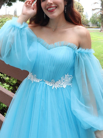 A-Line/Elegant Off-the-Shoulder Tulle Applique Long Sleeves Floor-Length Prom Dresses