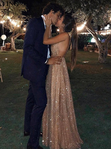 Vestidos de graduación elegantes de corte A, con escote en V, sin mangas y hasta el suelo, de tul con lentejuelas.